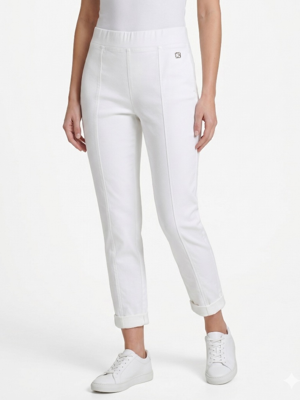 Calvin Klein Women's Small White Elastic Waist Cuffed Crop Trousers Seam Front